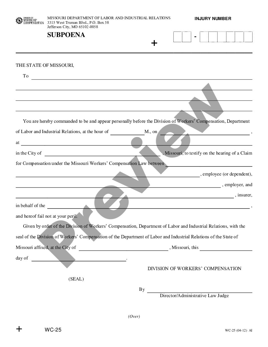 page 0 Subpoena for Workers' Compensation preview