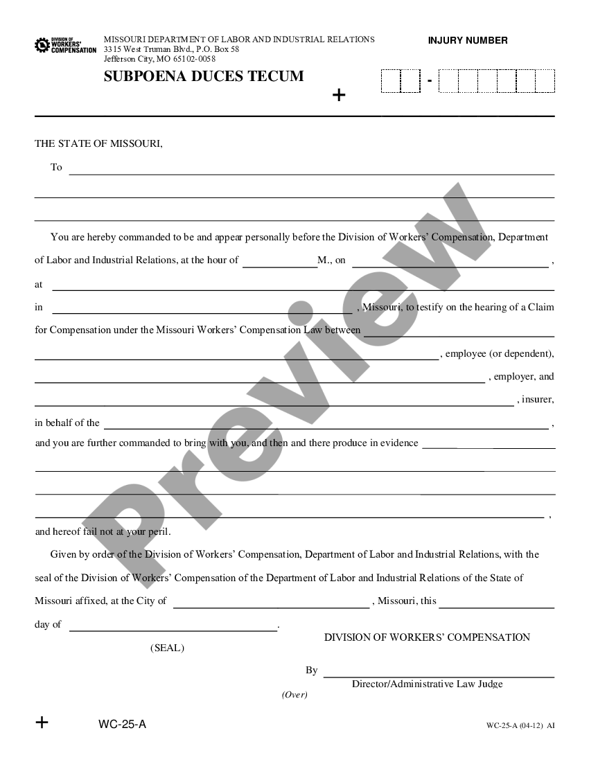 page 0 Subpoena Duces Tecum for Workers' Compensation preview