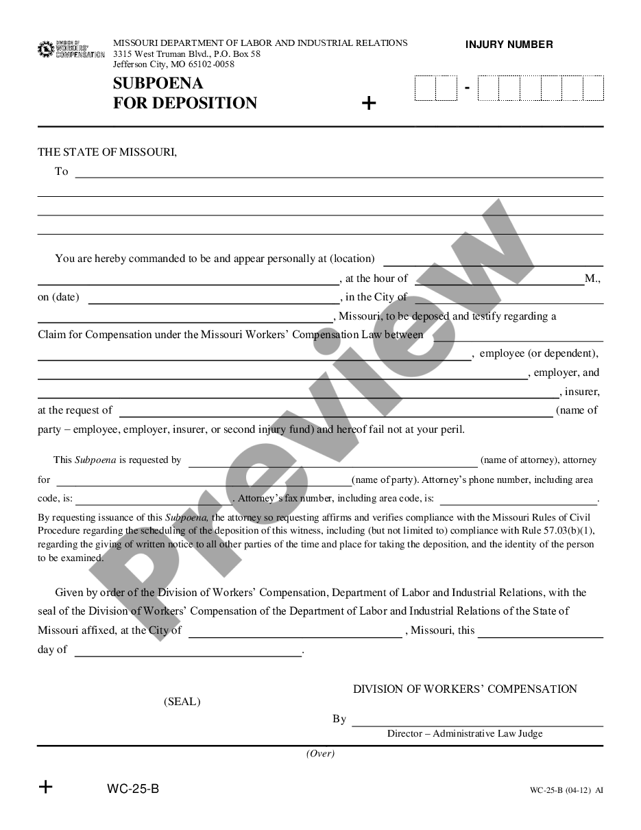 page 0 Subpoena For Deposition for Workers' Compensation preview