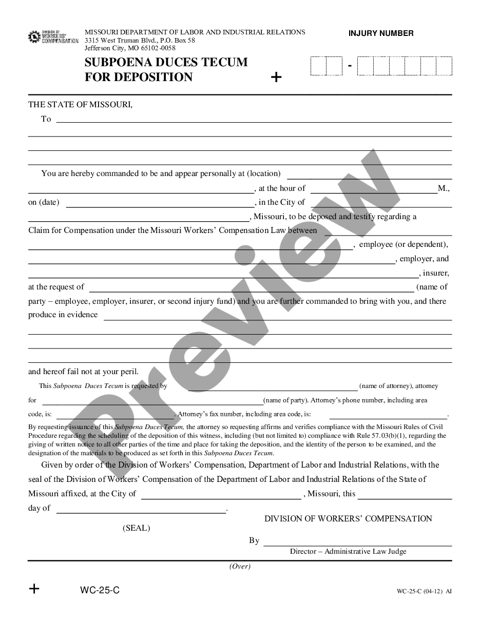 page 0 Subpoena Duces Tecum For Deposition for Workers' Compensation preview