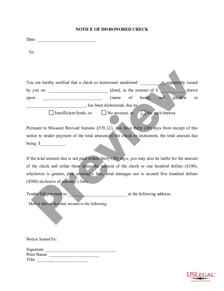 Missouri Notice of Dishonored Check - Civil - Keywords: bad check - How ...