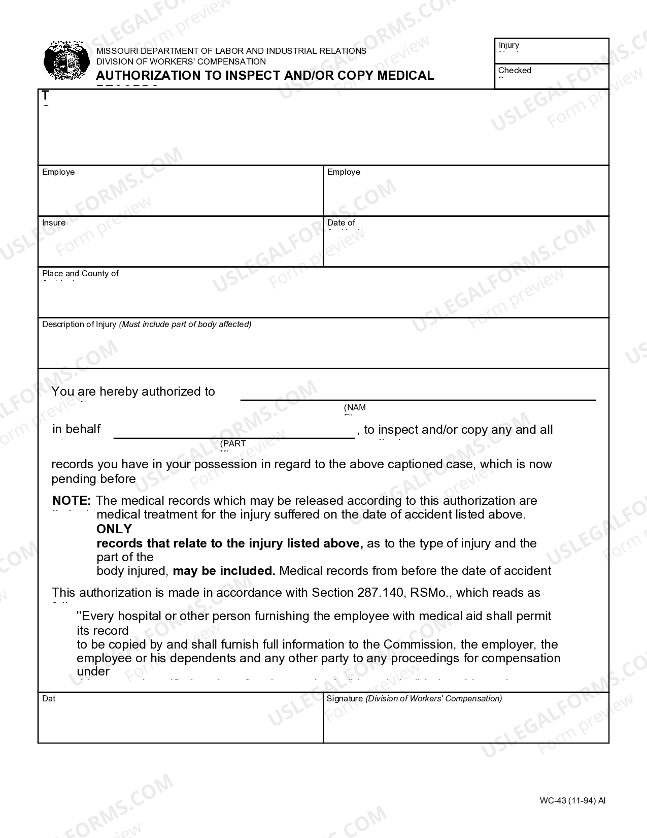 Missouri Authorization To Inspect and / or Copy Medical Records for ...