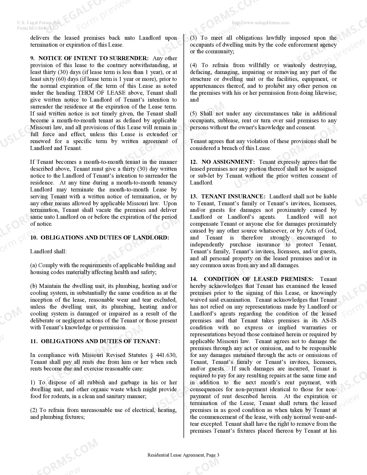 Preview Residential Lease or Rental Agreement for Month to Month