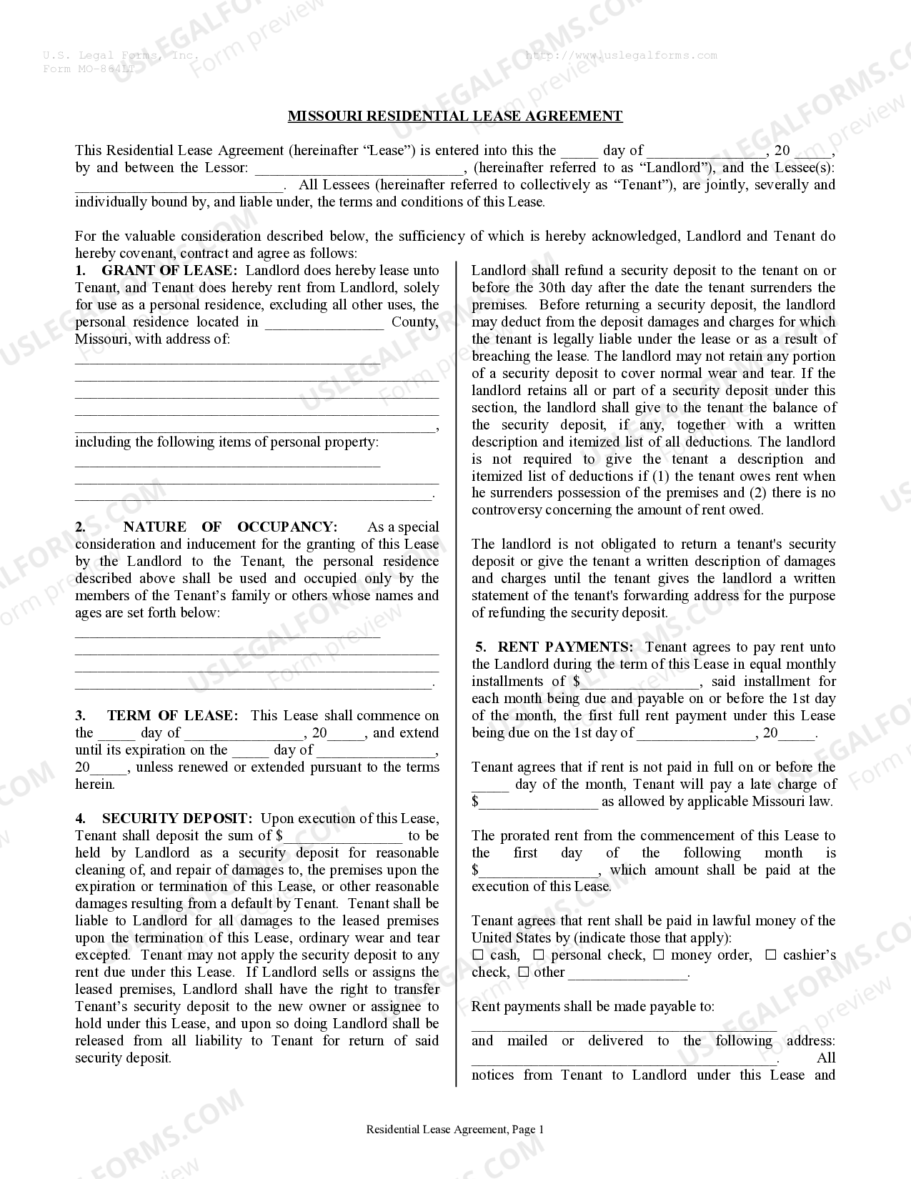 Missouri Residential Rental Lease Agreement Missouri Lease Agreement