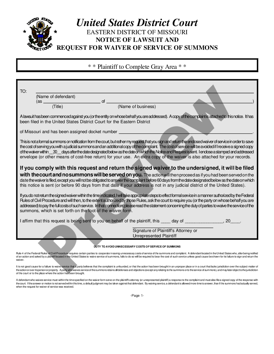 page 0 Notice of Lawsuit and Request for Waiver of Service of Summons preview
