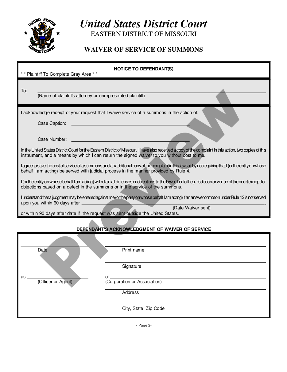 page 1 Notice of Lawsuit and Request for Waiver of Service of Summons preview