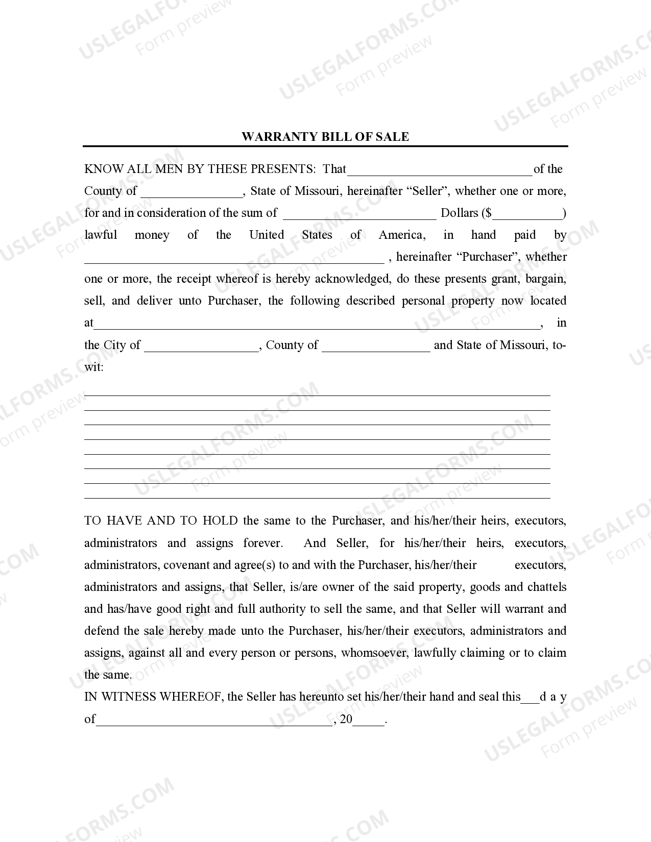 Missouri Bill Of Sale With Warranty By Individual Seller Missouri Missouri Bill Of Sale With Warranty By Individual Seller Missouri