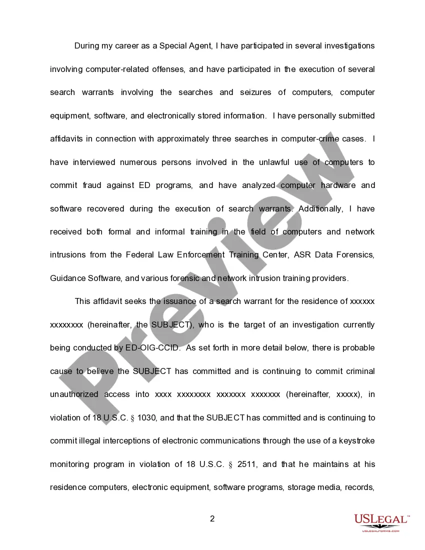 Preview Affidavit in Support of Search Warrant - Computer Intrusion
