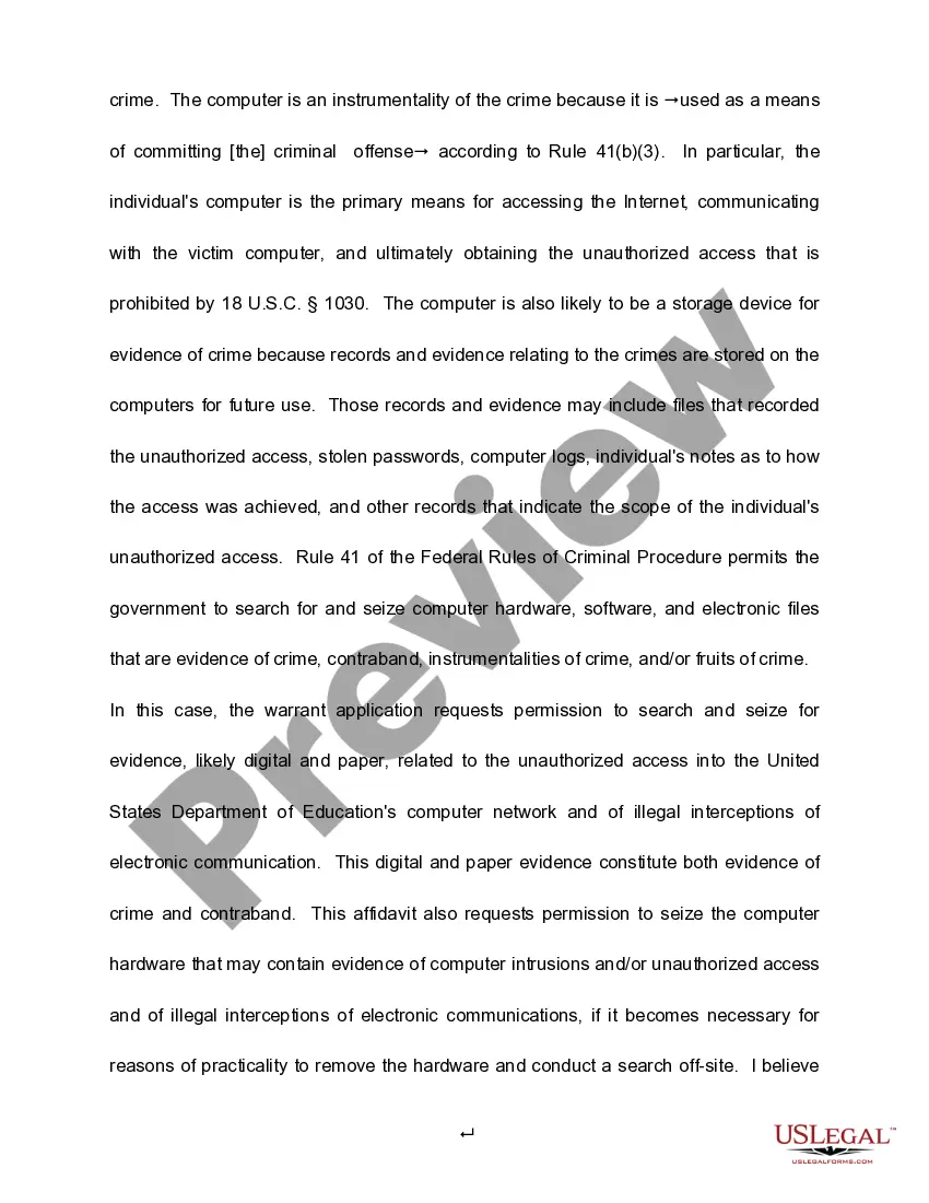 Preview Affidavit in Support of Search Warrant - Computer Intrusion
