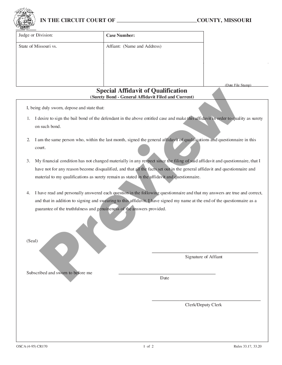page 0 Special Affidavit of Qualification (Surety Bond - General Affidavit Filed and Current) preview