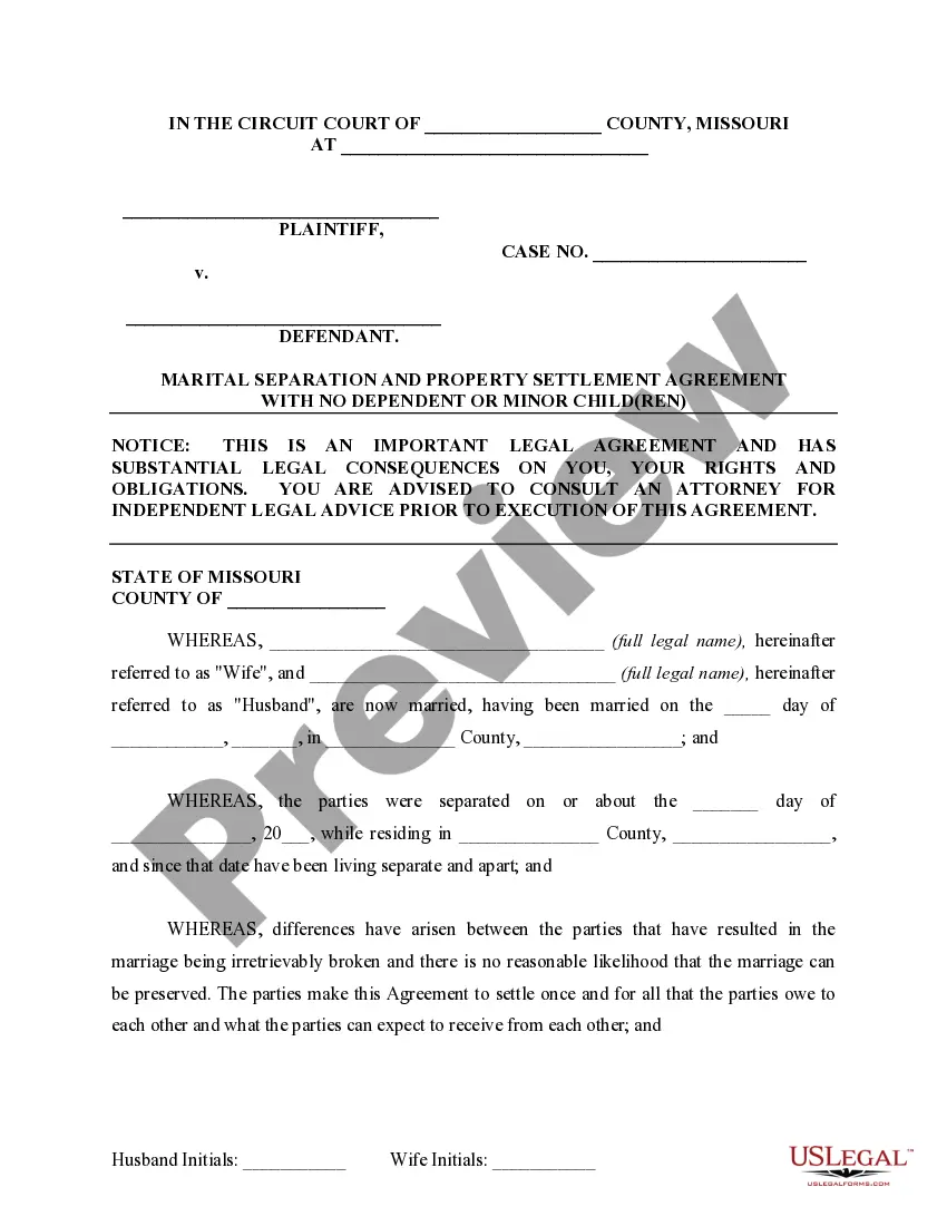 Get Marital Domestic Separation and Property Settlement Agreement for persons with No Children, No Joint Property or Debts where Divorce Action Filed Preview Marital Domestic Separation and Property Settlement Agreement for persons with No Children, No Joint Property or Debts where Divorce Action Filed