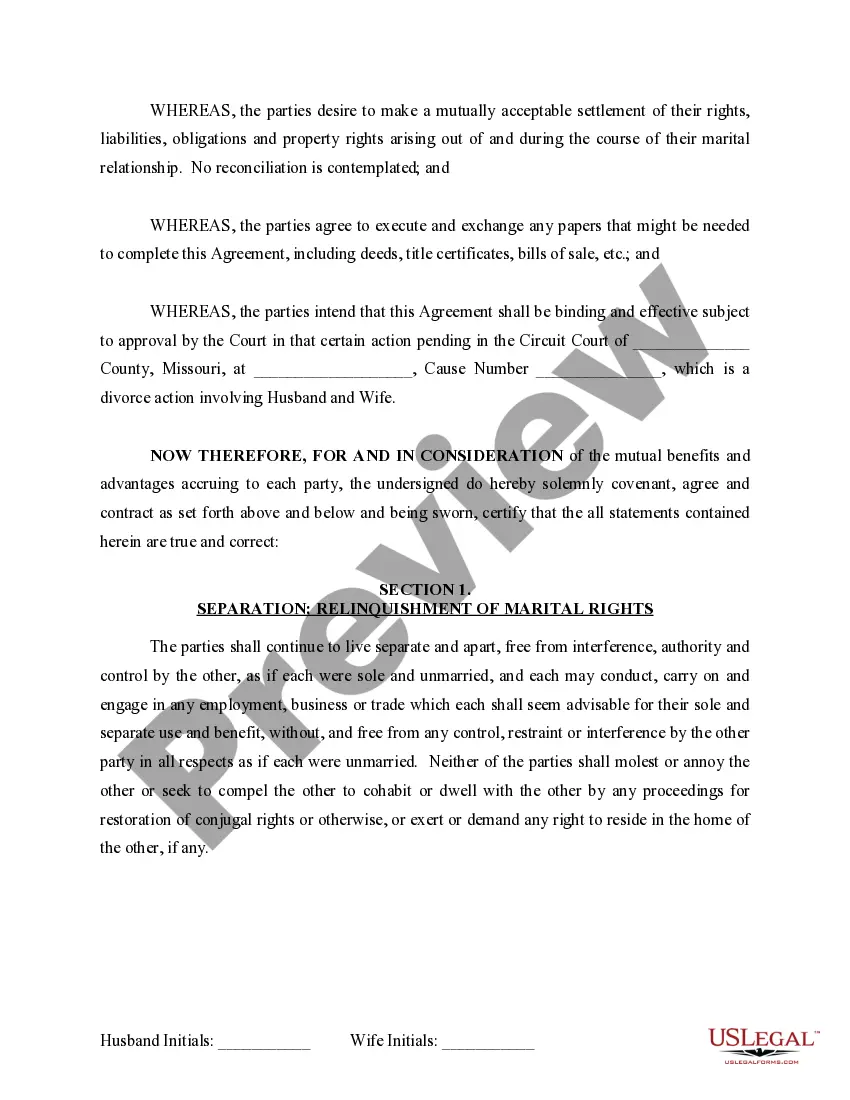Get Marital Domestic Separation and Property Settlement Agreement for persons with No Children, No Joint Property or Debts where Divorce Action Filed Preview Marital Domestic Separation and Property Settlement Agreement for persons with No Children, No Joint Property or Debts where Divorce Action Filed
