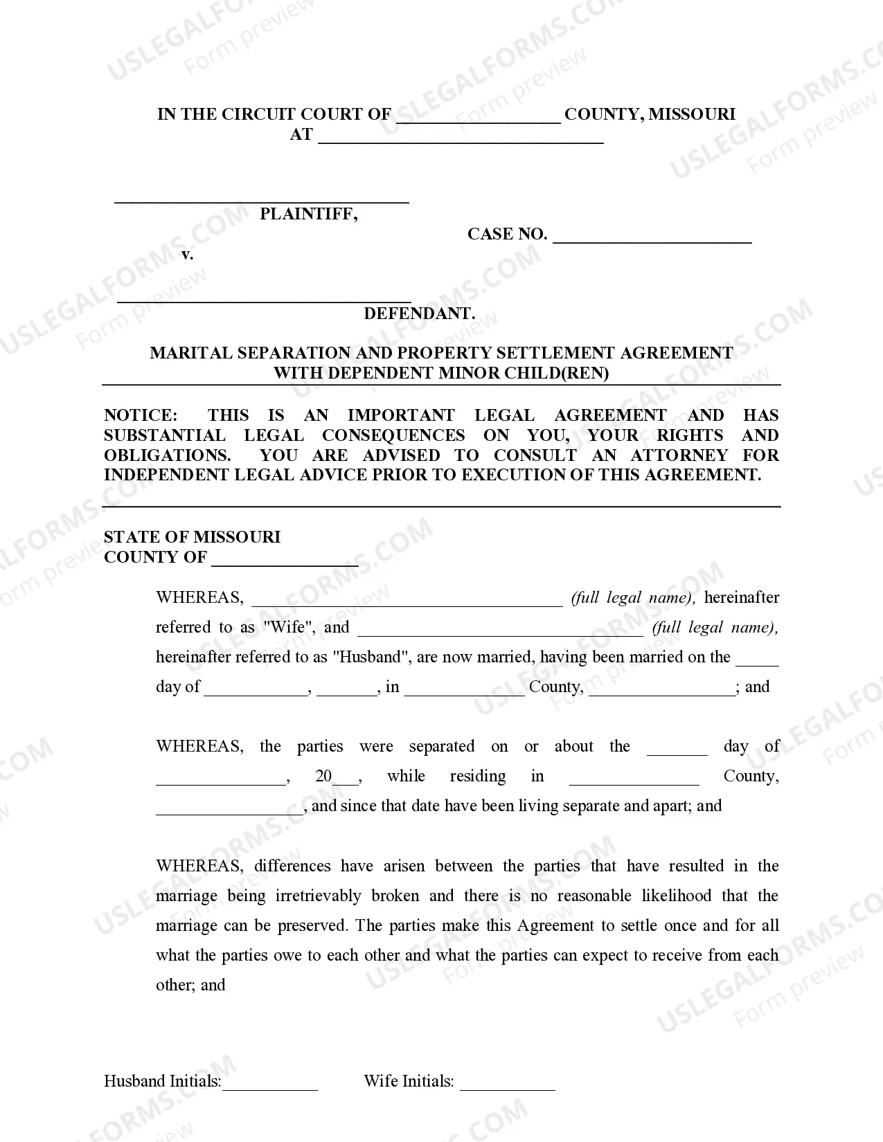 Preview Marital Domestic Separation and Property Settlement Agreement Minor Children no Joint Property or Debts where Divorce Action Filed