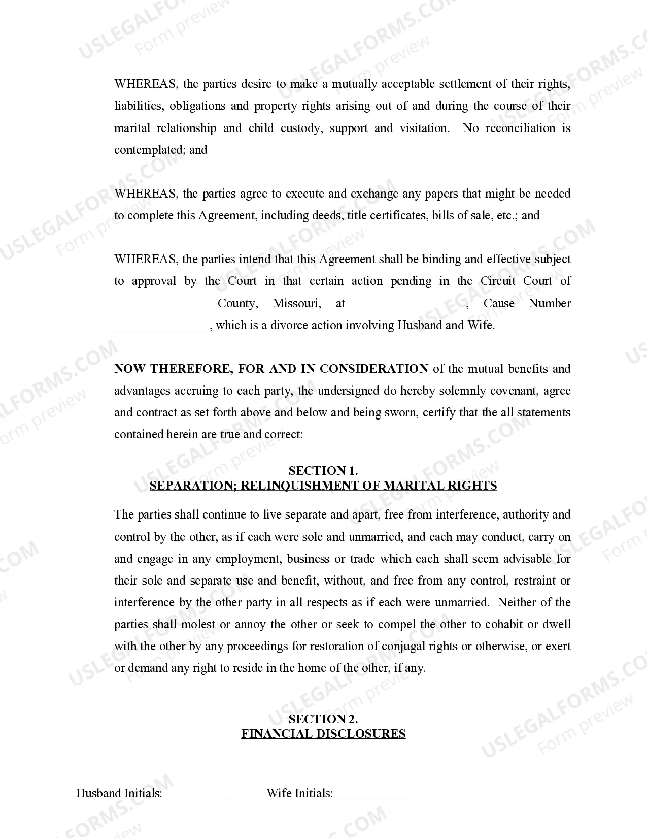 Preview Marital Domestic Separation and Property Settlement Agreement Minor Children no Joint Property or Debts where Divorce Action Filed
