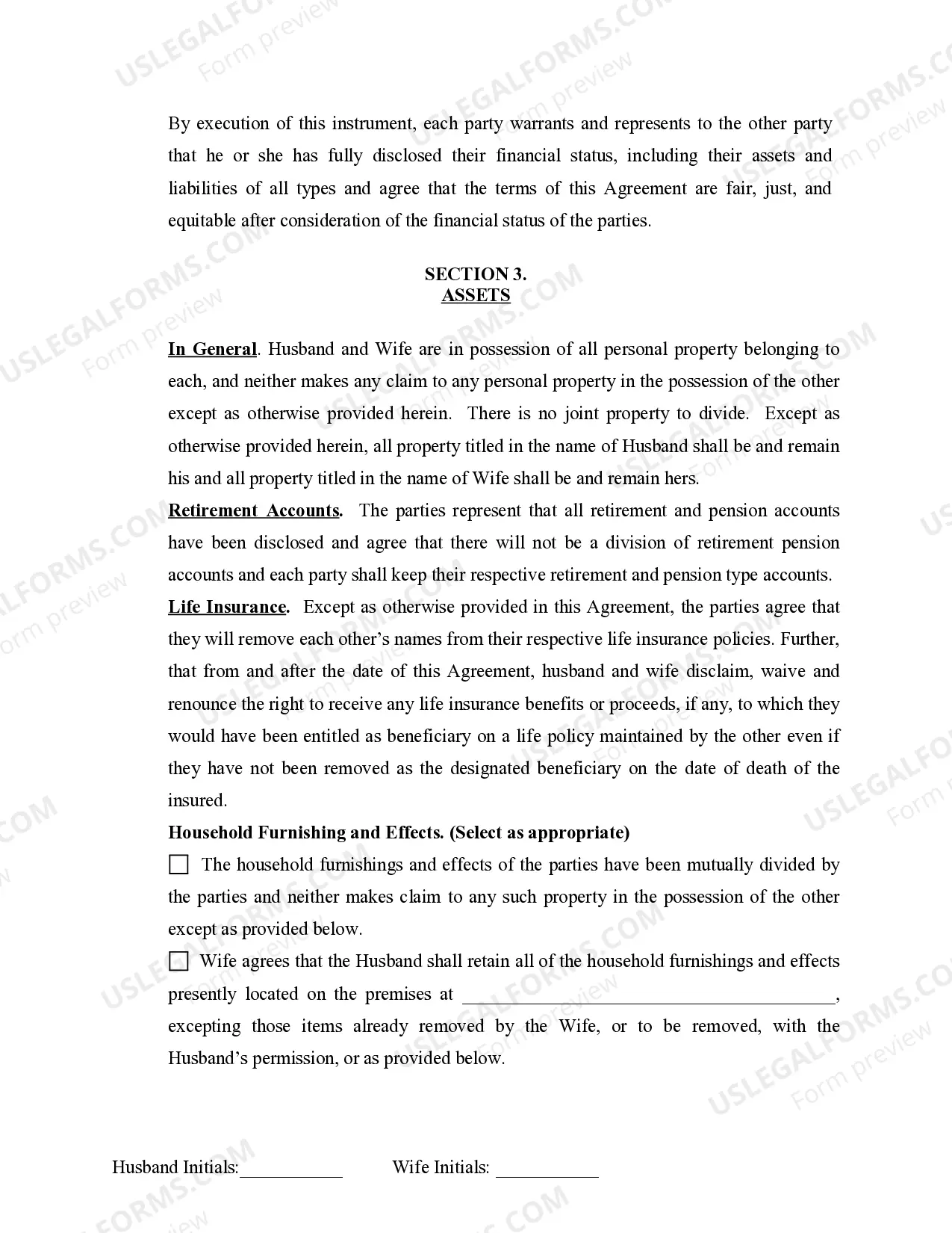Preview Marital Domestic Separation and Property Settlement Agreement Minor Children no Joint Property or Debts where Divorce Action Filed