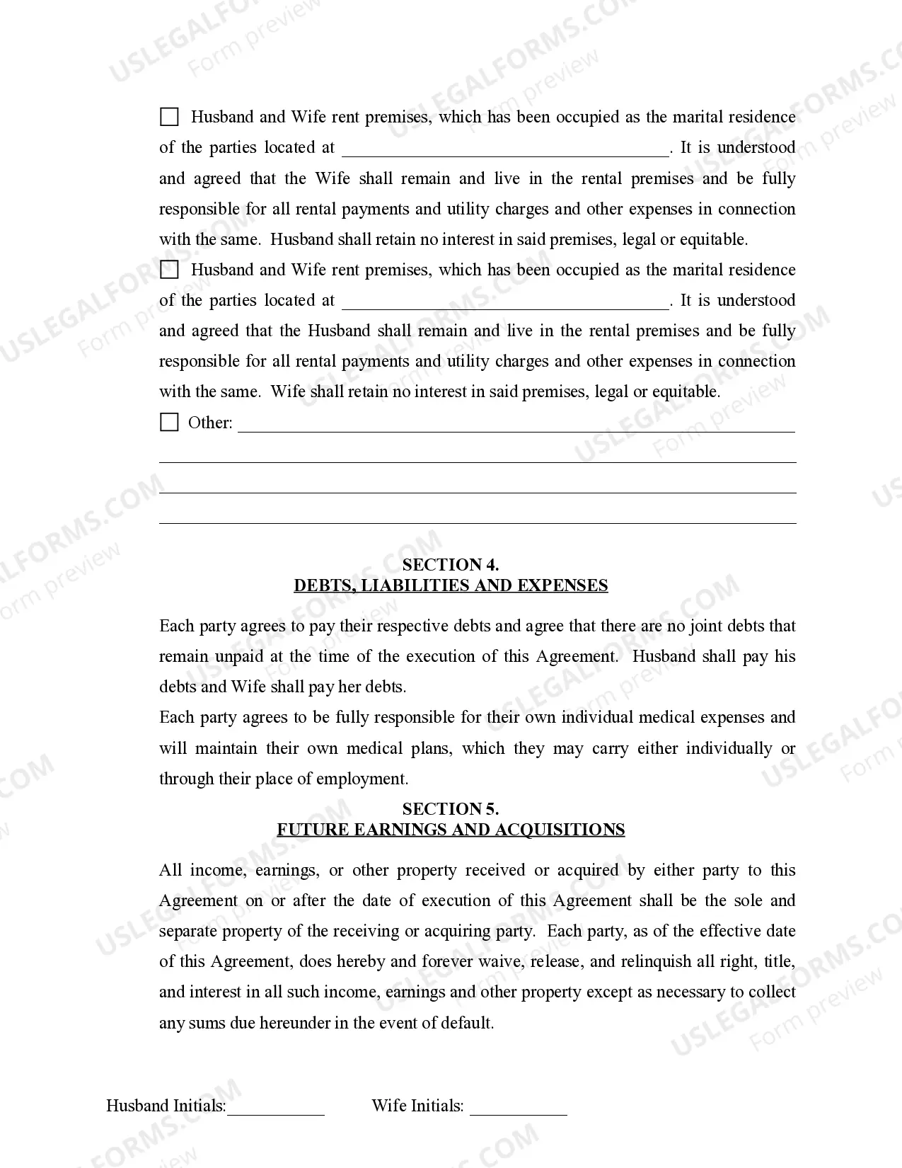 Preview Marital Domestic Separation and Property Settlement Agreement Minor Children no Joint Property or Debts where Divorce Action Filed