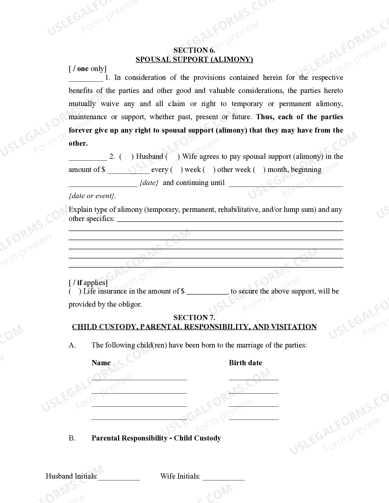 Preview Marital Domestic Separation and Property Settlement Agreement Minor Children no Joint Property or Debts where Divorce Action Filed