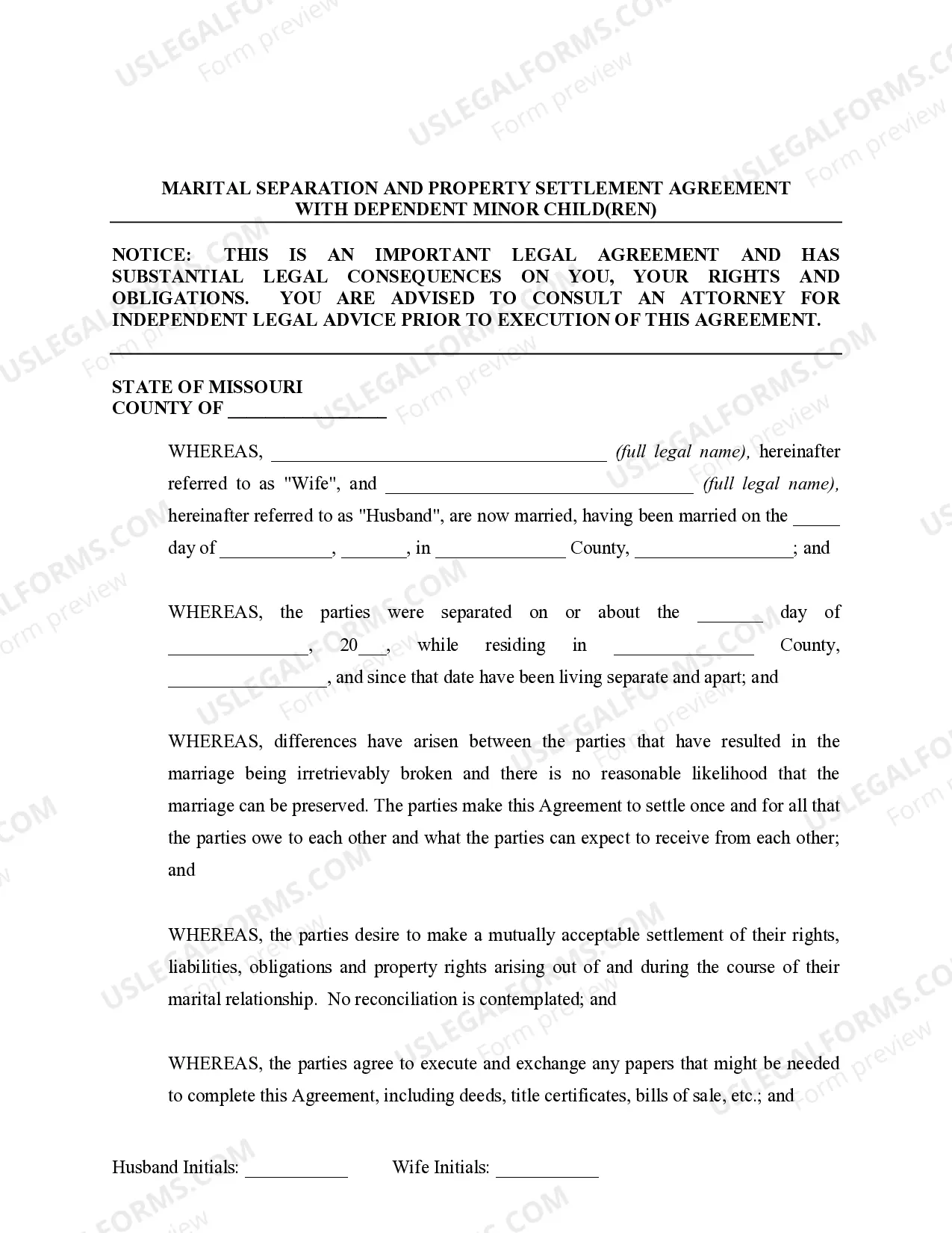 Preview Marital Domestic Separation and Property Settlement Agreement Minor Children no Joint Property or Debts effective Immediately