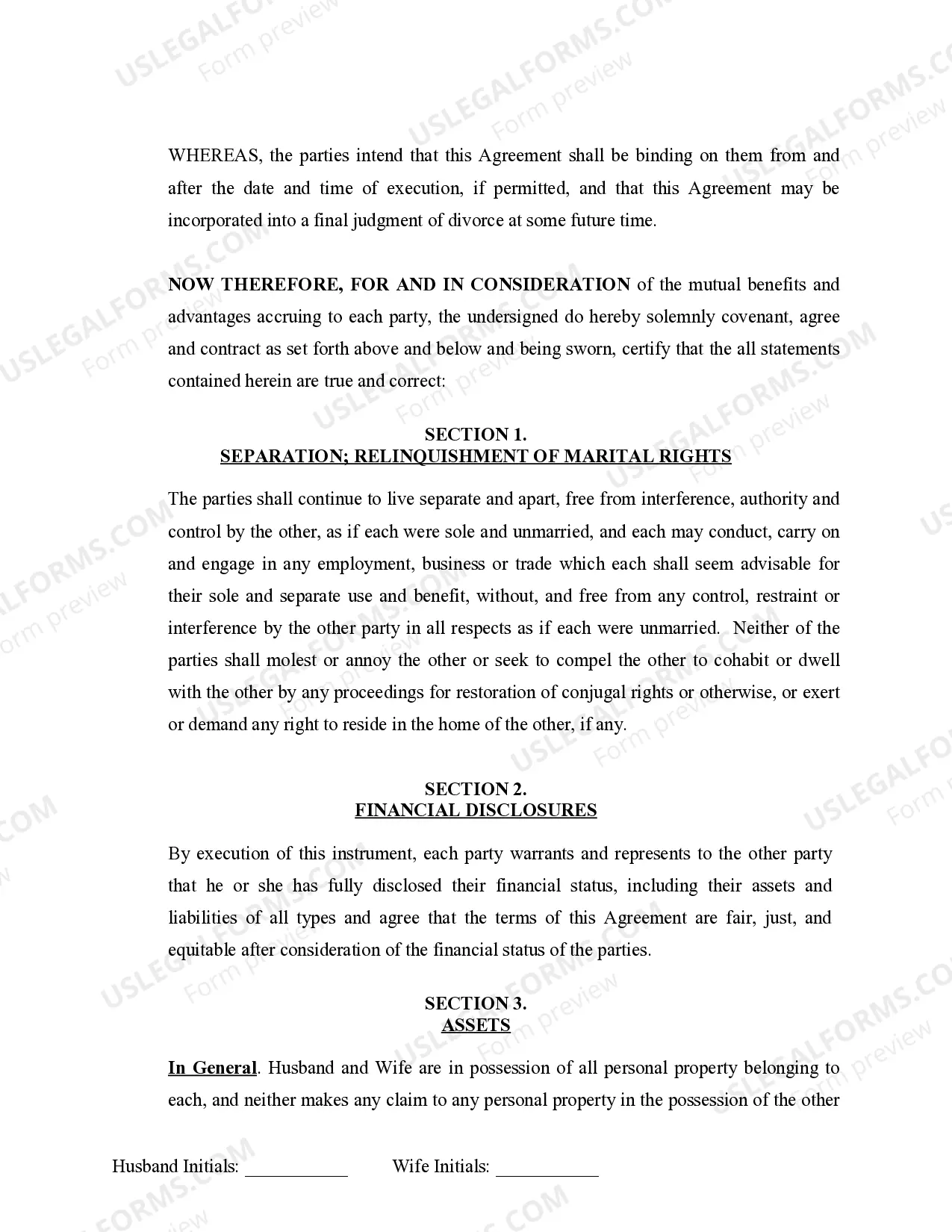 Preview Marital Domestic Separation and Property Settlement Agreement Minor Children no Joint Property or Debts effective Immediately