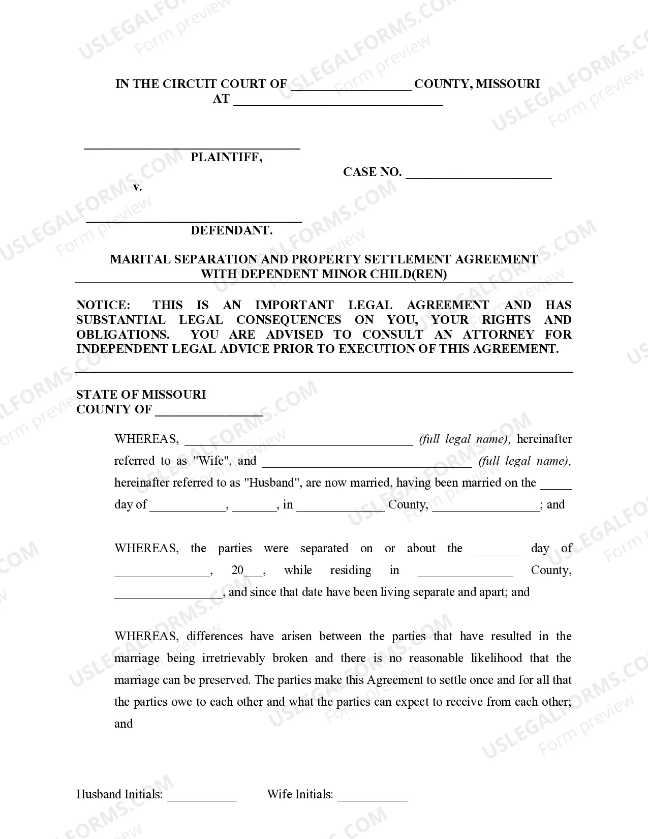 Preview Marital Domestic Separation and Property Settlement Agreement Minor Children Parties May have Joint Property or Debts where Divorce Action Filed