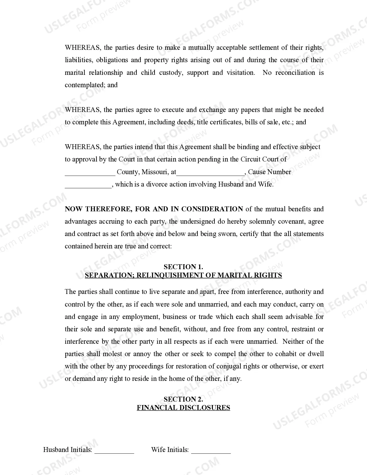 Preview Marital Domestic Separation and Property Settlement Agreement Minor Children Parties May have Joint Property or Debts where Divorce Action Filed