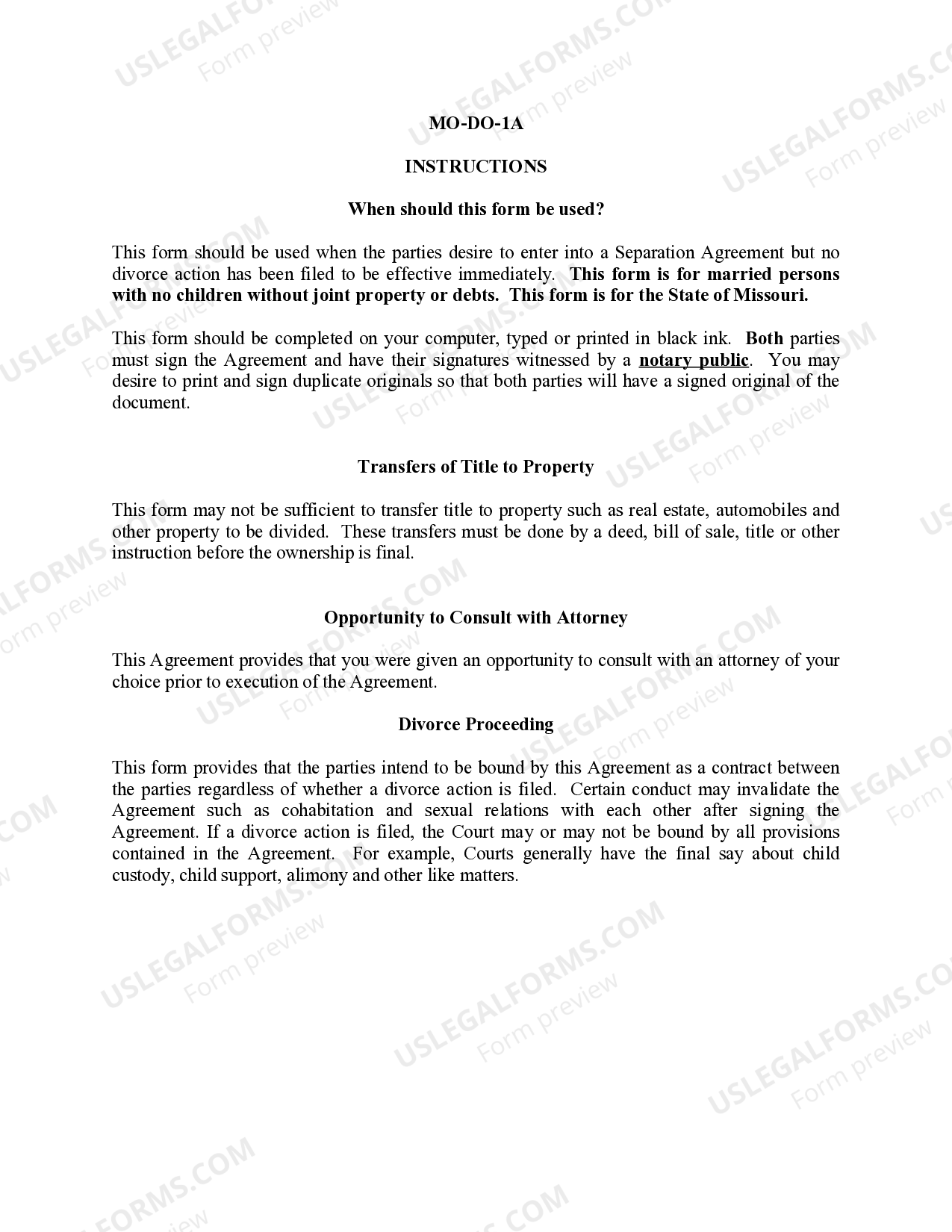 Missouri Marital Domestic Separation and Property Settlement Agreement