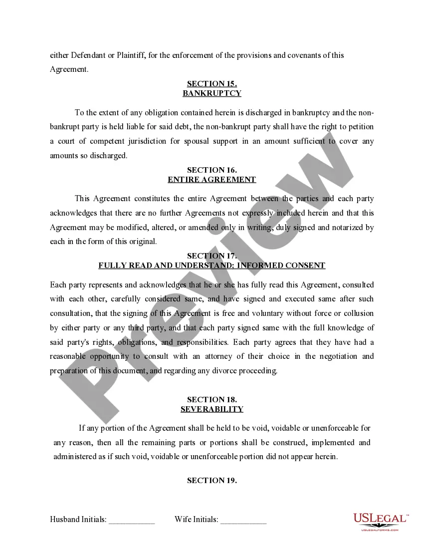 Preview Marital Domestic Separation and Property Settlement Agreement for persons with no Children, no Joint Property, or Debts Effective Immediately