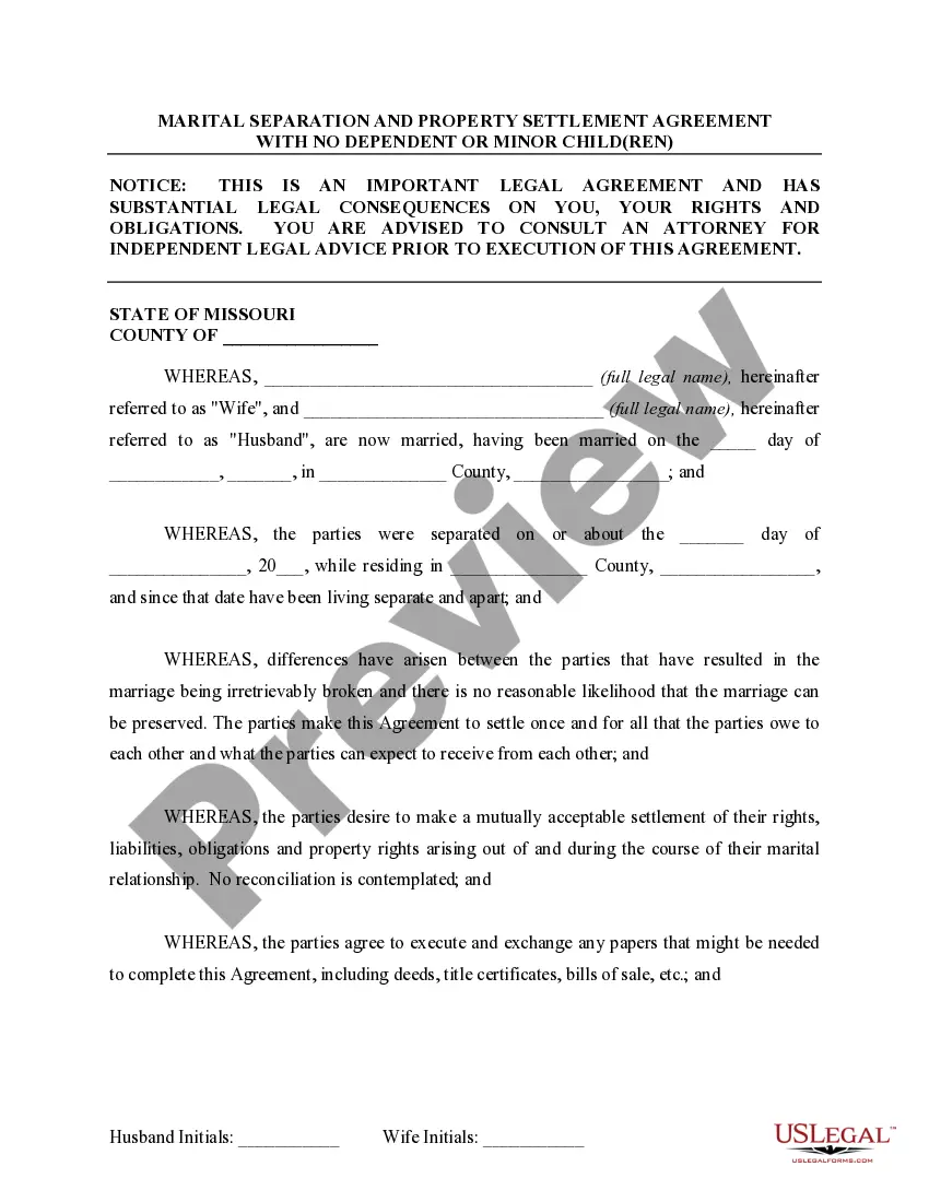 Preview Marital Domestic Separation and Property Settlement Agreement for persons with no Children, no Joint Property, or Debts Effective Immediately