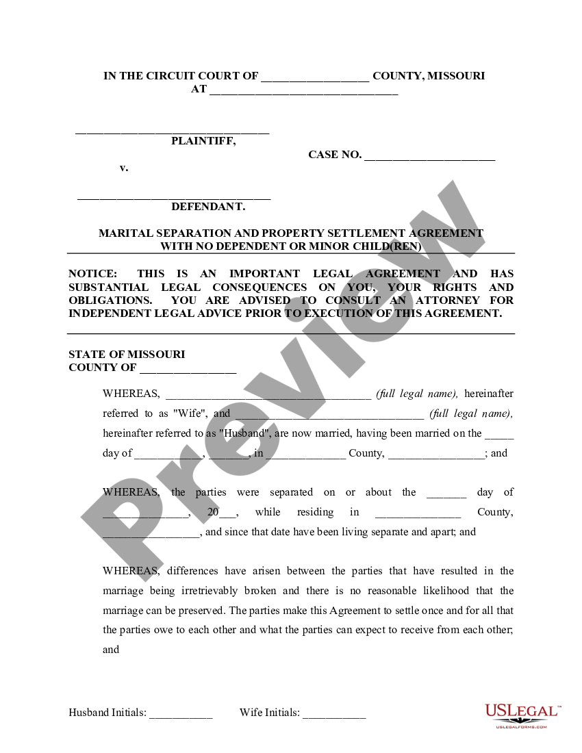 Missouri Marital Domestic Separation and Property Settlement Agreement ...