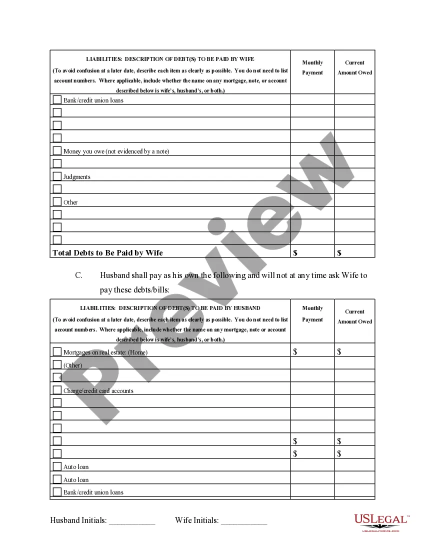 Preview Marital Domestic Separation and Property Settlement Agreement no Children parties may have Joint Property or Debts where Divorce Action Filed