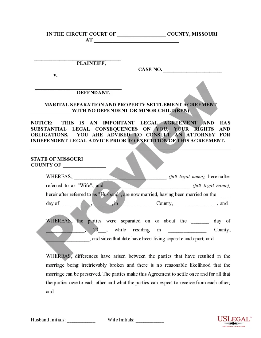 Preview Marital Domestic Separation and Property Settlement Agreement no Children parties may have Joint Property or Debts where Divorce Action Filed
