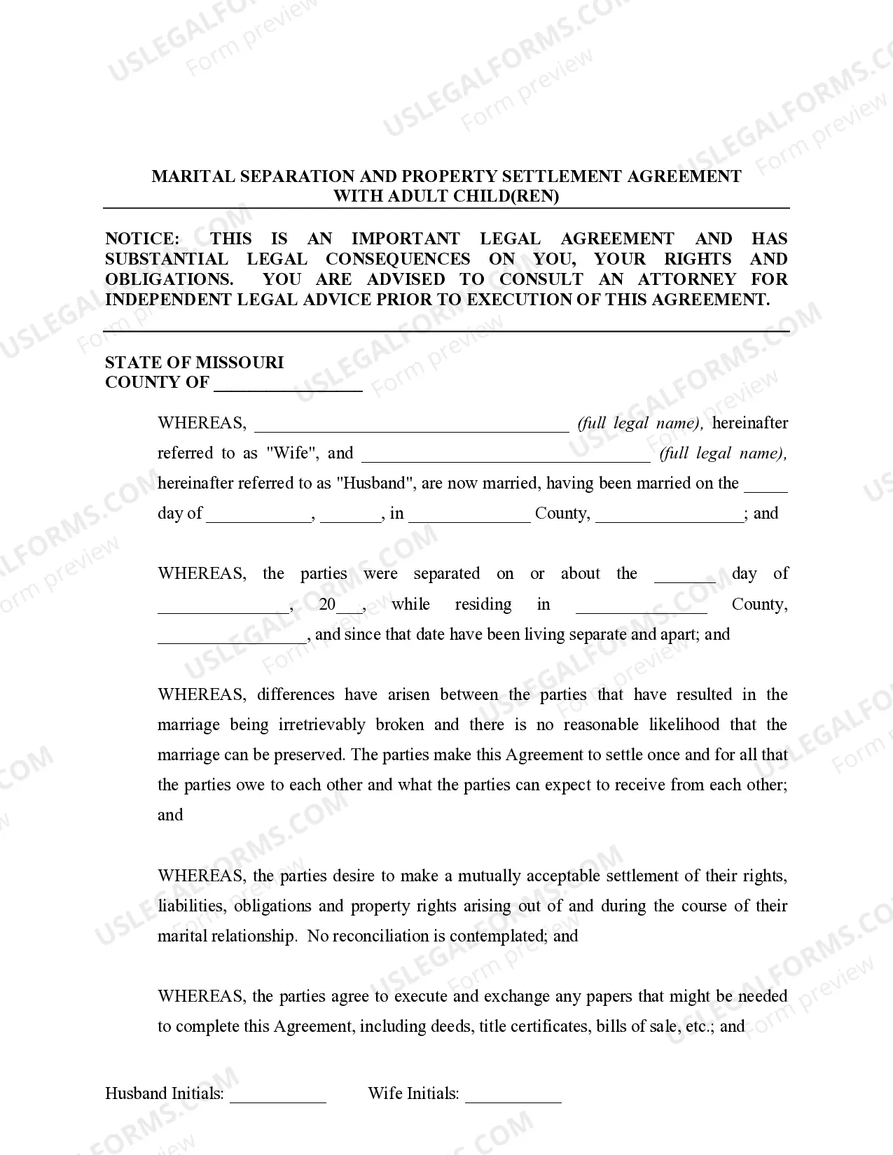 Preview Marital Domestic Separation and Property Settlement Agreement Adult Children Parties May have Joint Property or Debts where Divorce Action Filed