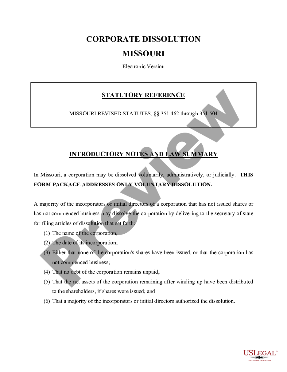 page 0 Missouri Dissolution Package to Dissolve Corporation preview