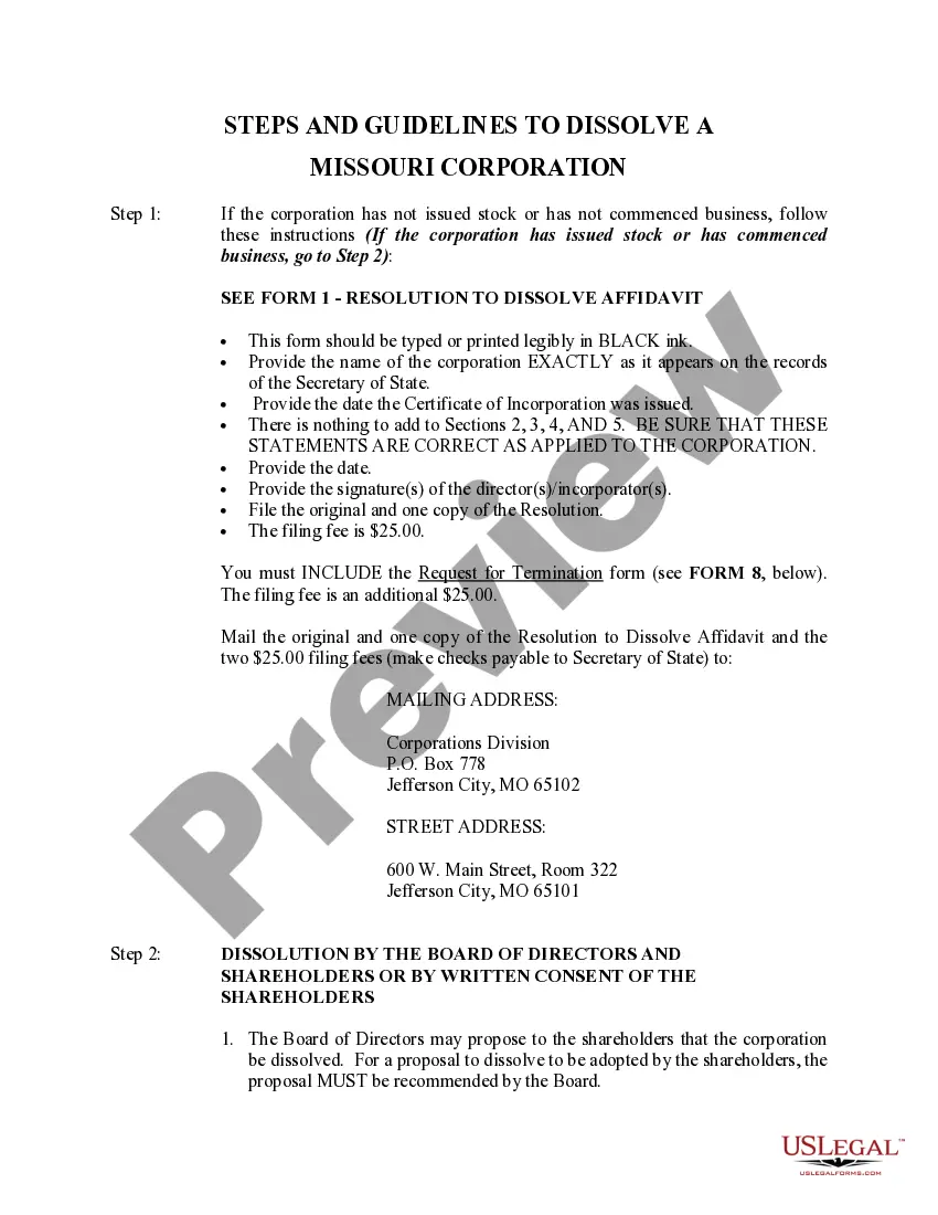 Preview Missouri Dissolution Package to Dissolve Corporation