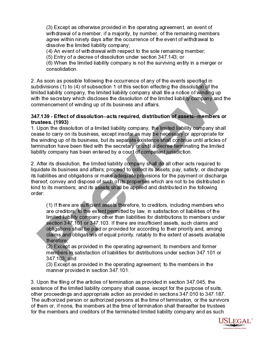 Get Missouri Dissolution Package to Dissolve Limited Liability Company LLC Preview Missouri Dissolution Package to Dissolve Limited Liability Company LLC