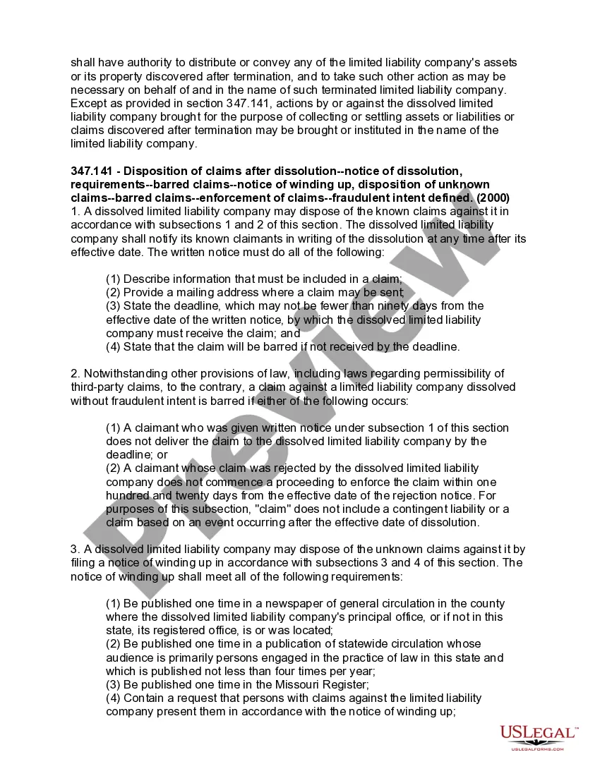 Get Missouri Dissolution Package to Dissolve Limited Liability Company LLC Preview Missouri Dissolution Package to Dissolve Limited Liability Company LLC