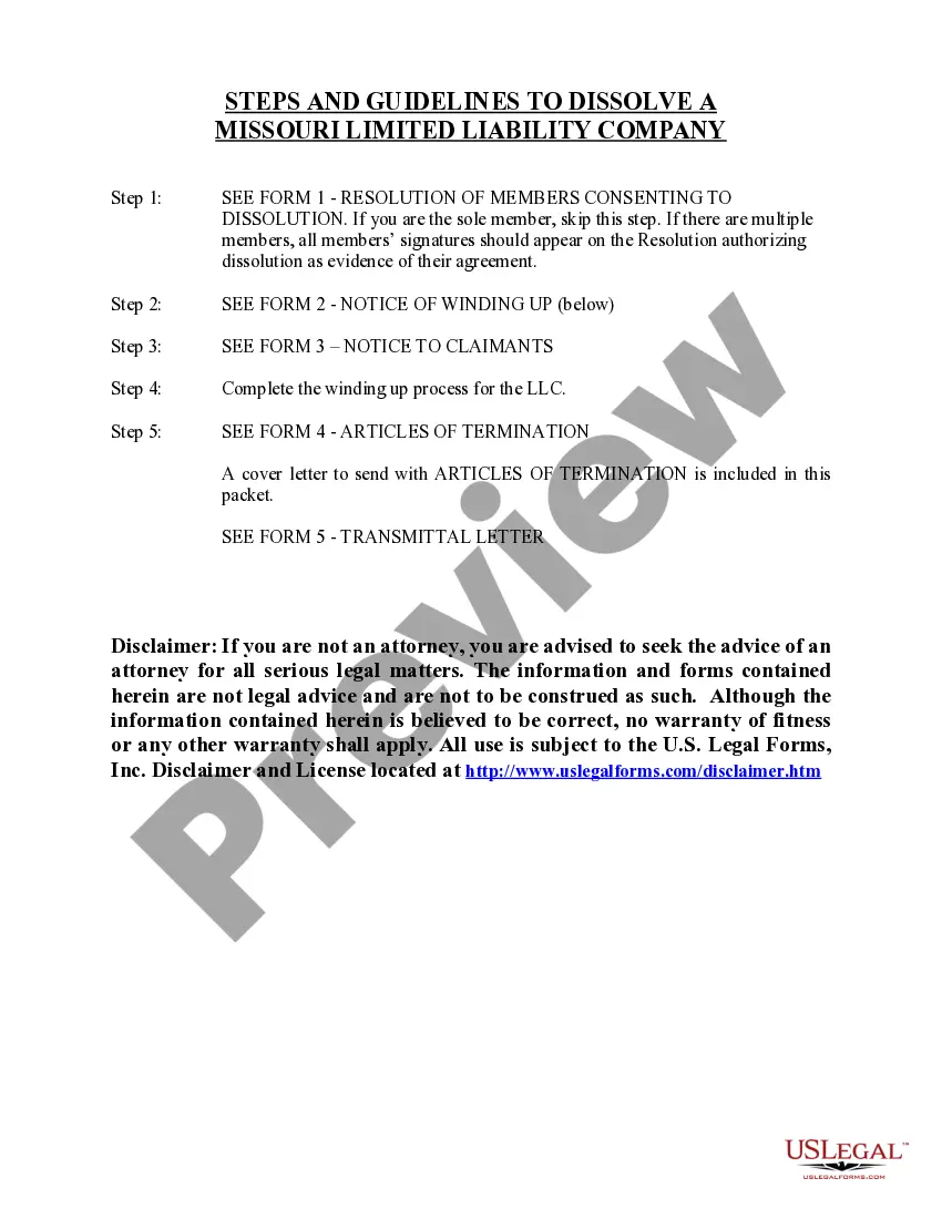 Get Missouri Dissolution Package to Dissolve Limited Liability Company LLC Preview Missouri Dissolution Package to Dissolve Limited Liability Company LLC