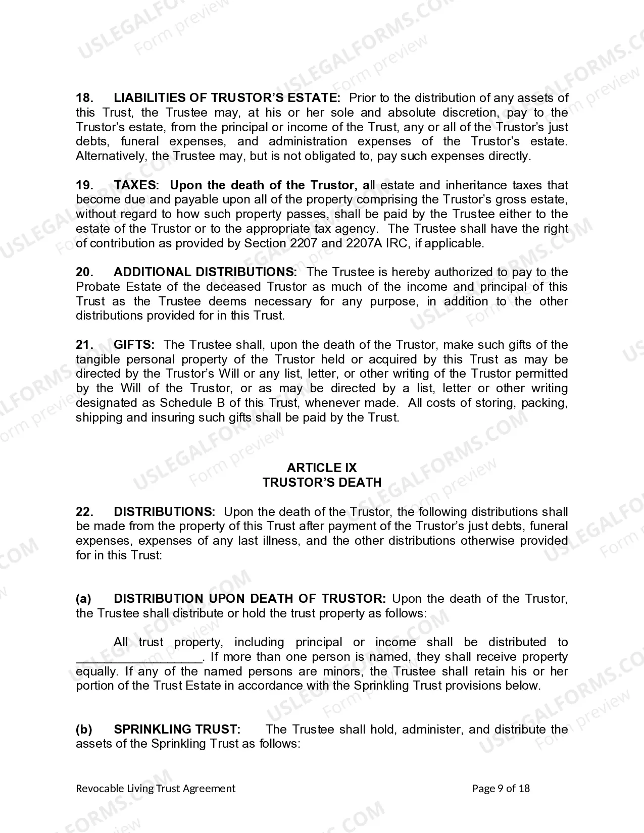 Preview Living Trust for Individual Who is Single, Divorced or Widow (or Widower) with No Children