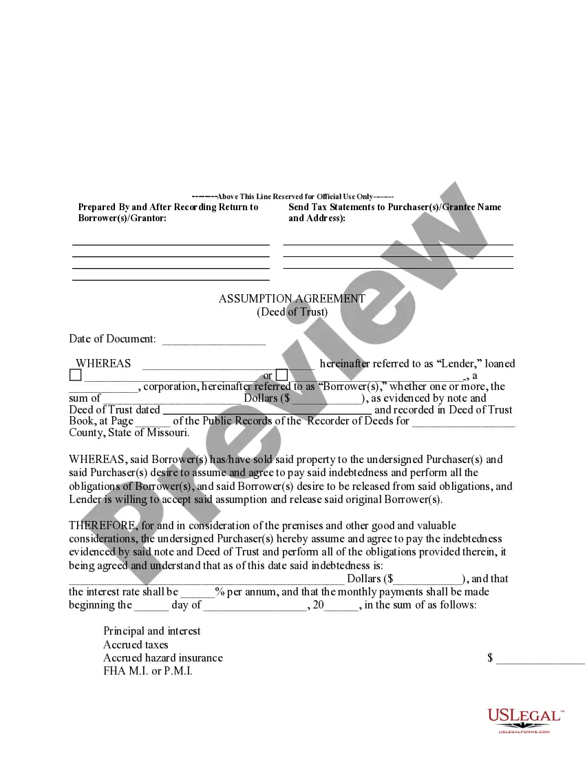 Get Assumption Agreement of Deed of Trust and Release of Original Mortgagors Preview Assumption Agreement of Deed of Trust and Release of Original Mortgagors