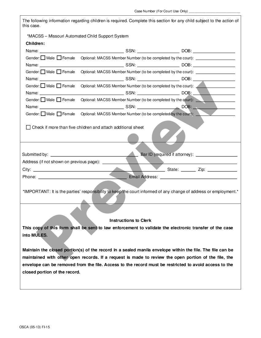 Missouri Confidential Case Filing Information Sheet Domestic