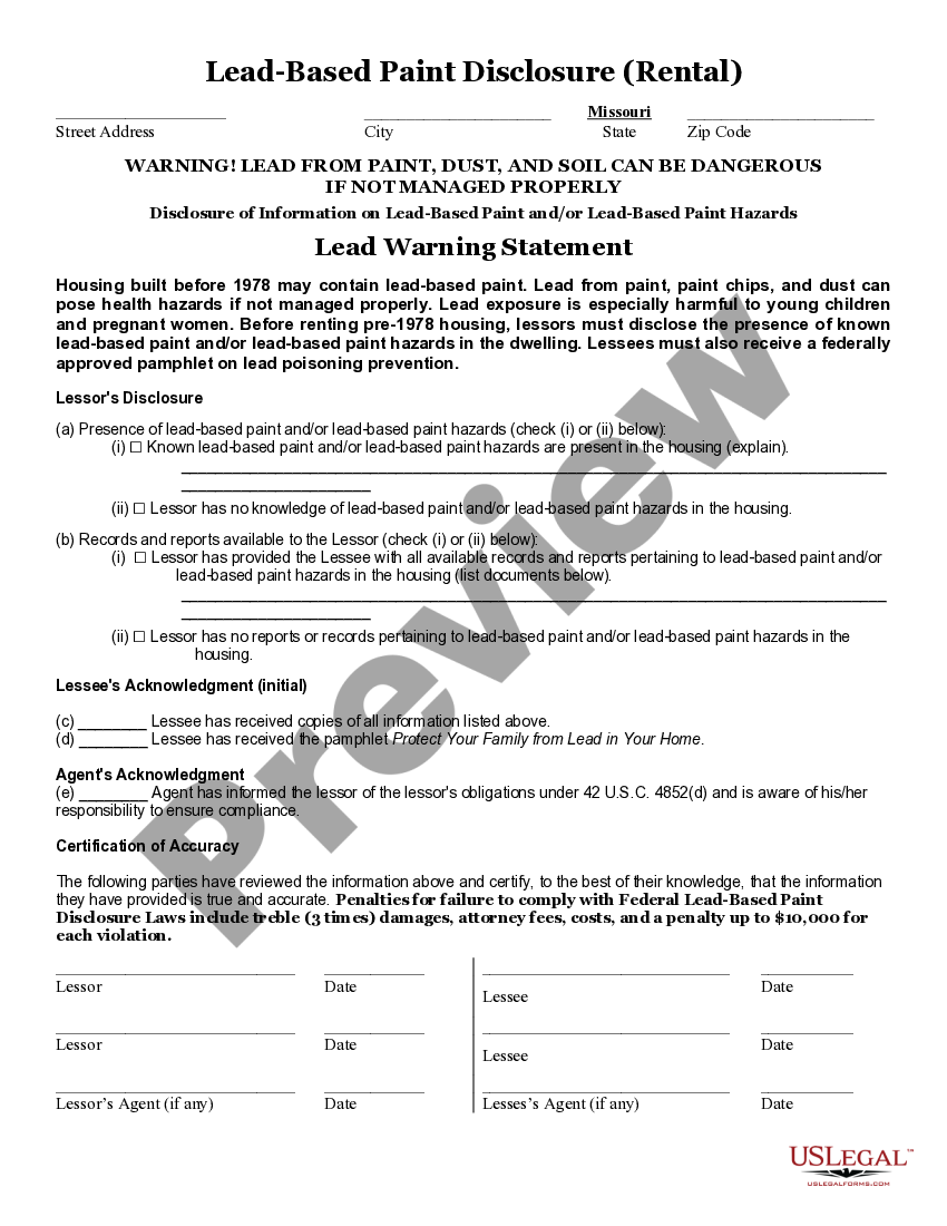 Missouri Lead Based Paint Disclosure for Rental Transaction Lead