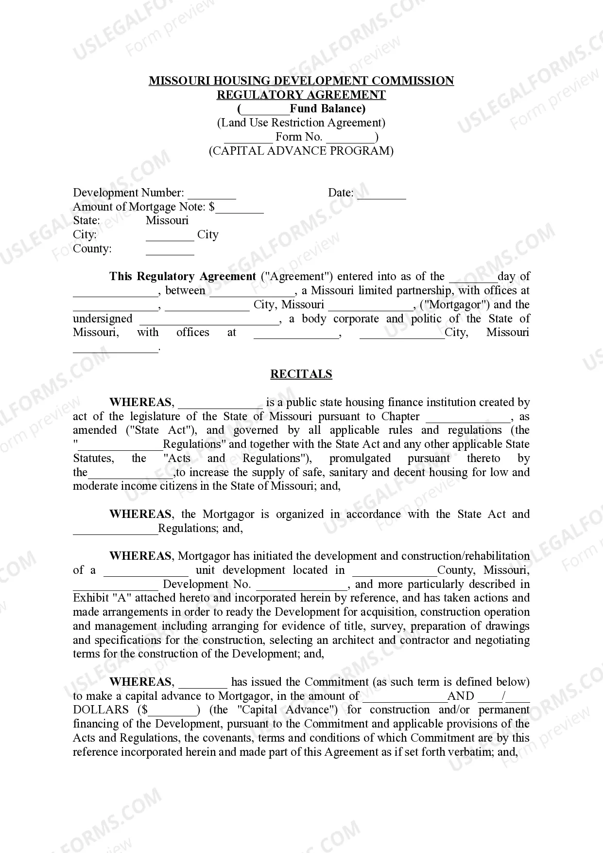 Preview Missouri Housing Development Commission Regulatory Agreement