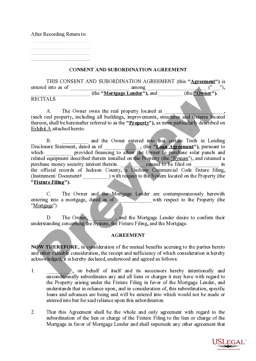 Preview Consent and Subordination Agreement