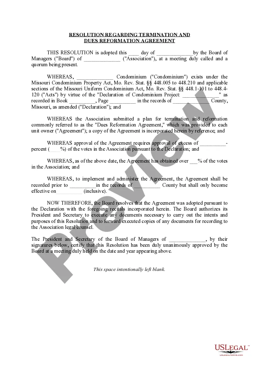 Preview Resolution Regarding TerminationAnd Dues Reformation Agreement