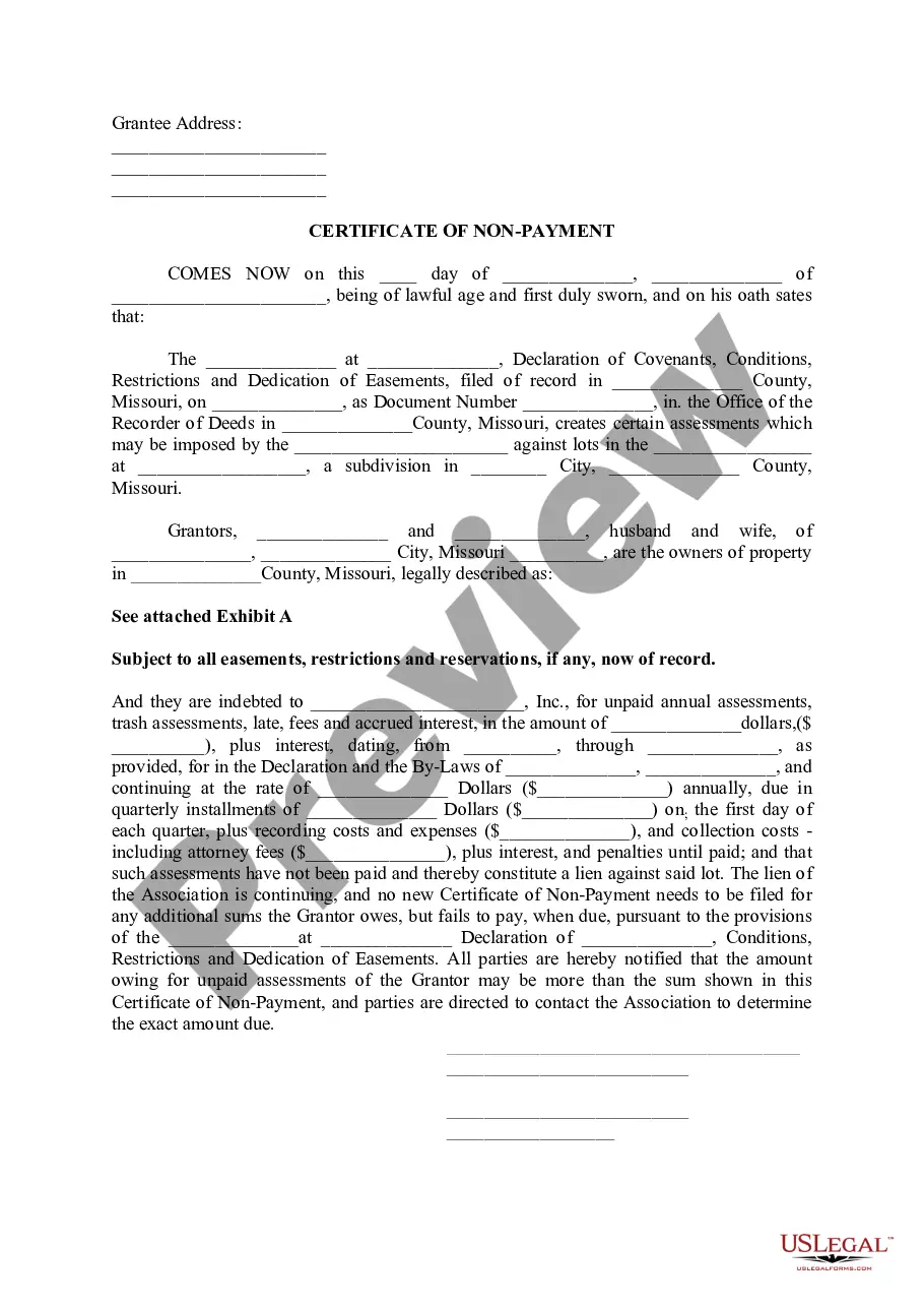Missouri Certificate of Non Payment Non Payment Certificate US