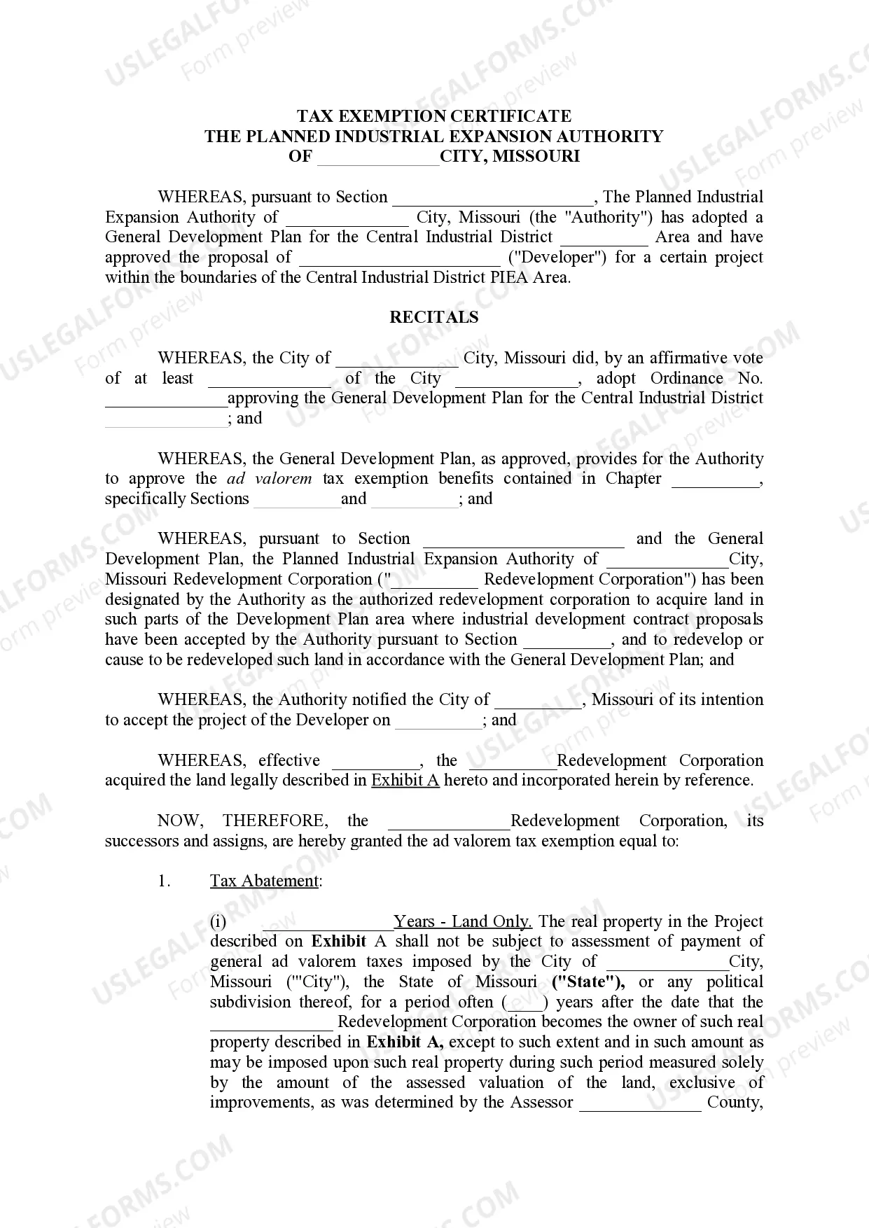 Preview Tax Exemption CertificateThe Planned Industrial Expansion Authority of_____City, Missouri