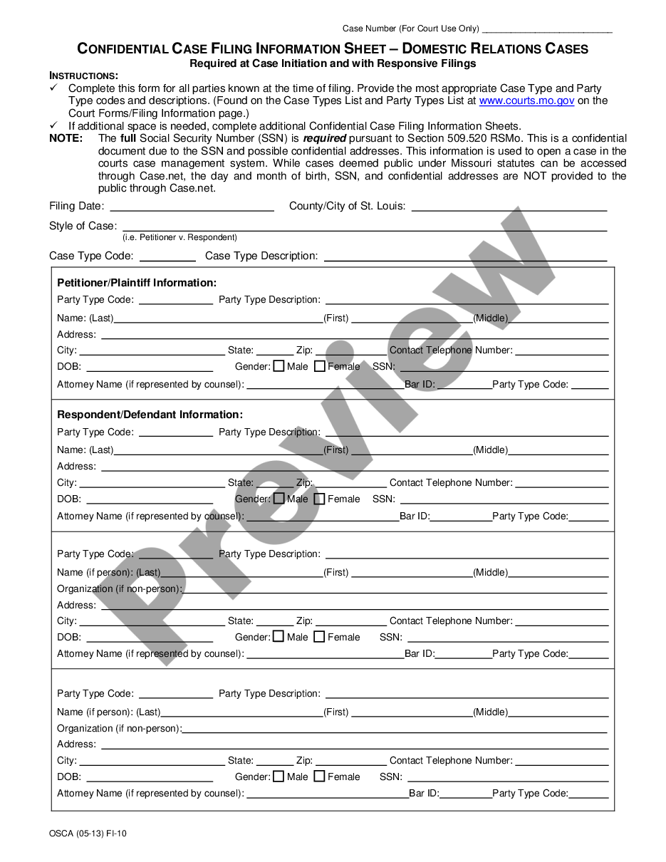 Missouri Confidential Case Filing Information Sheet Confidential Case Filing Information Sheet