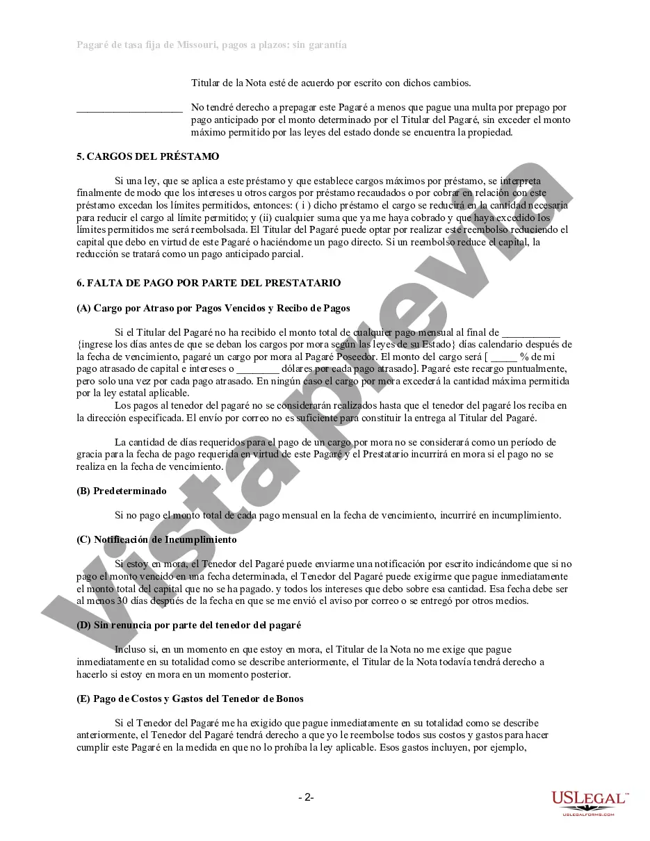 Preview Pagaré de pago a plazos no garantizado de Missouri para tasa fija