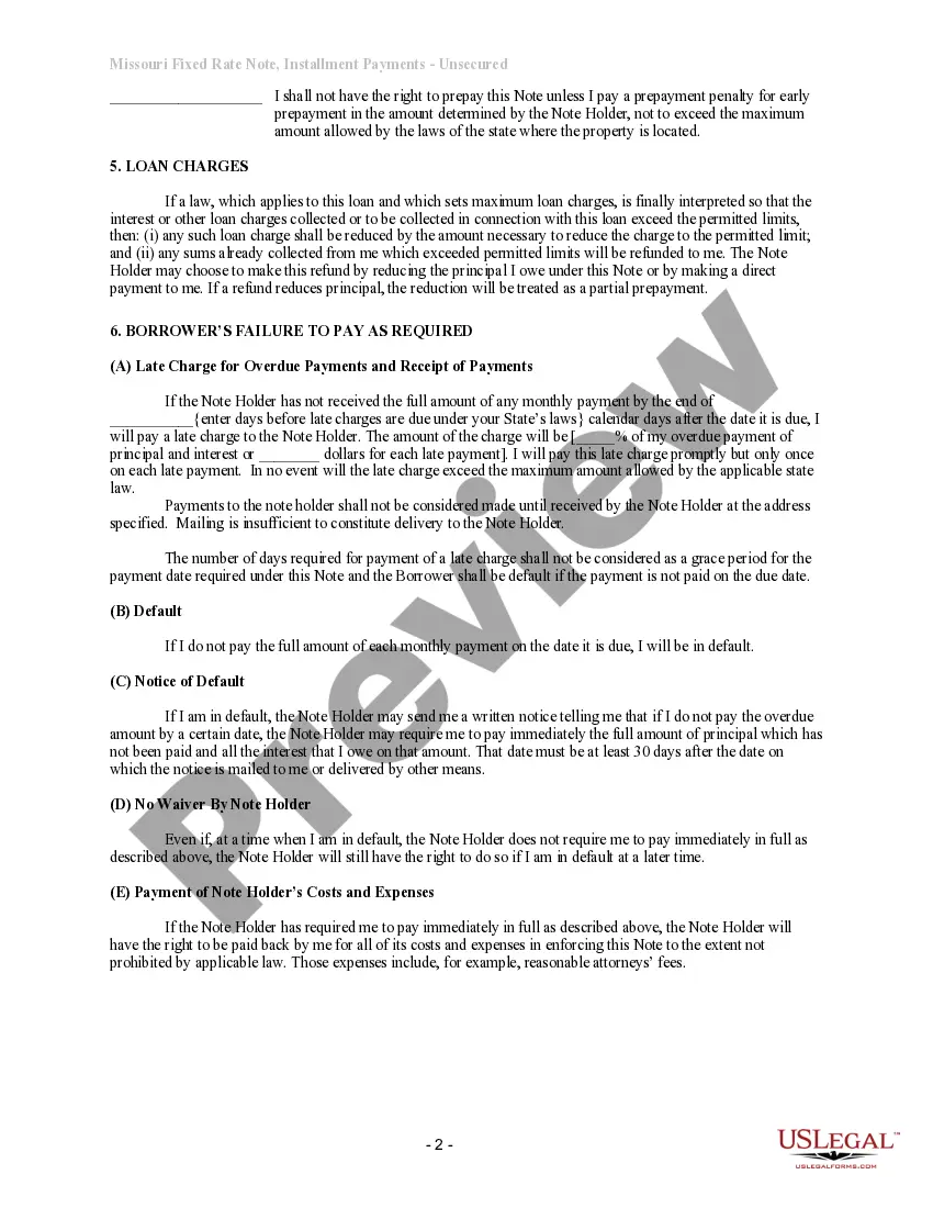 Get Missouri Unsecured Installment Payment Promissory Note for Fixed Rate Preview Missouri Unsecured Installment Payment Promissory Note for Fixed Rate