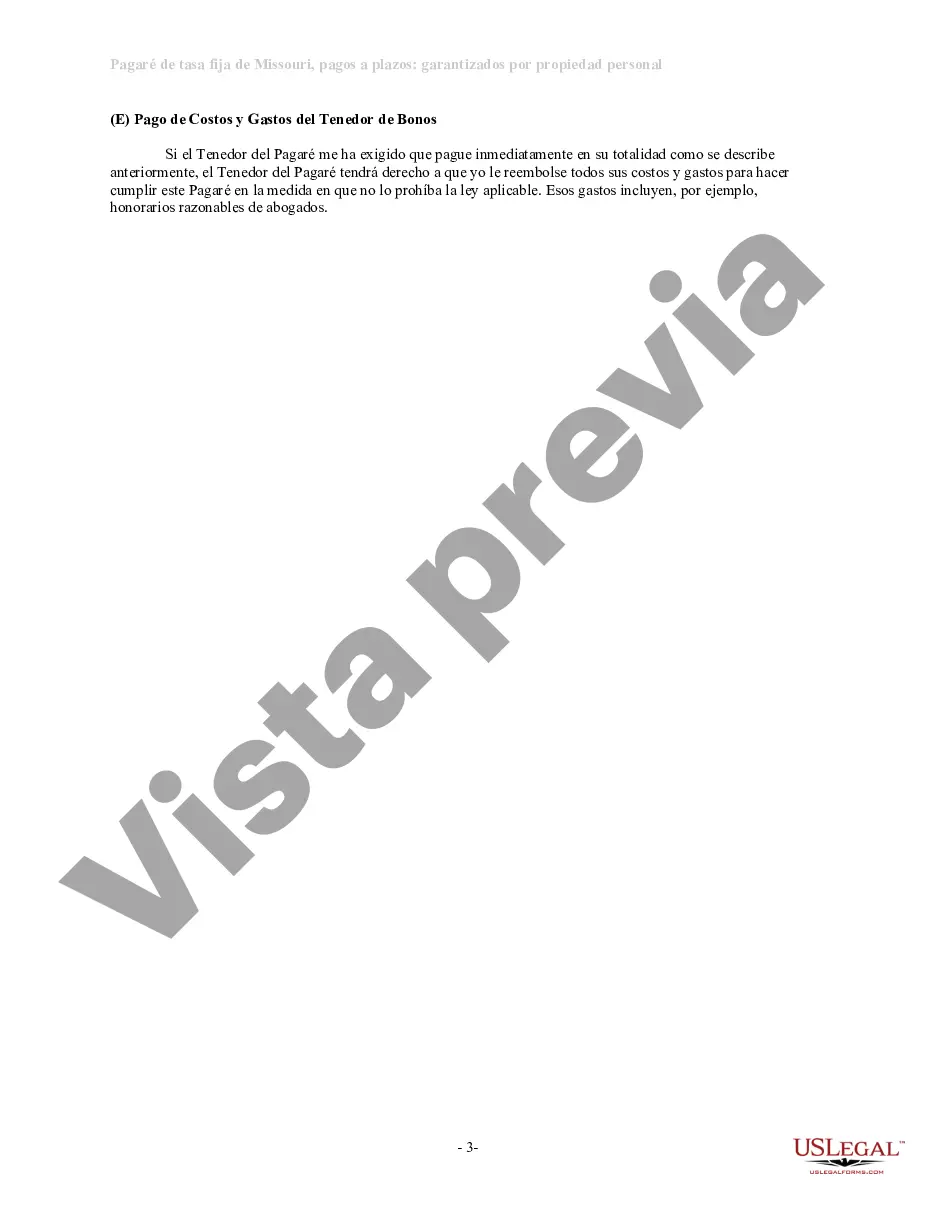 Preview Pagaré de tasa fija a plazos de Missouri garantizado por propiedad personal